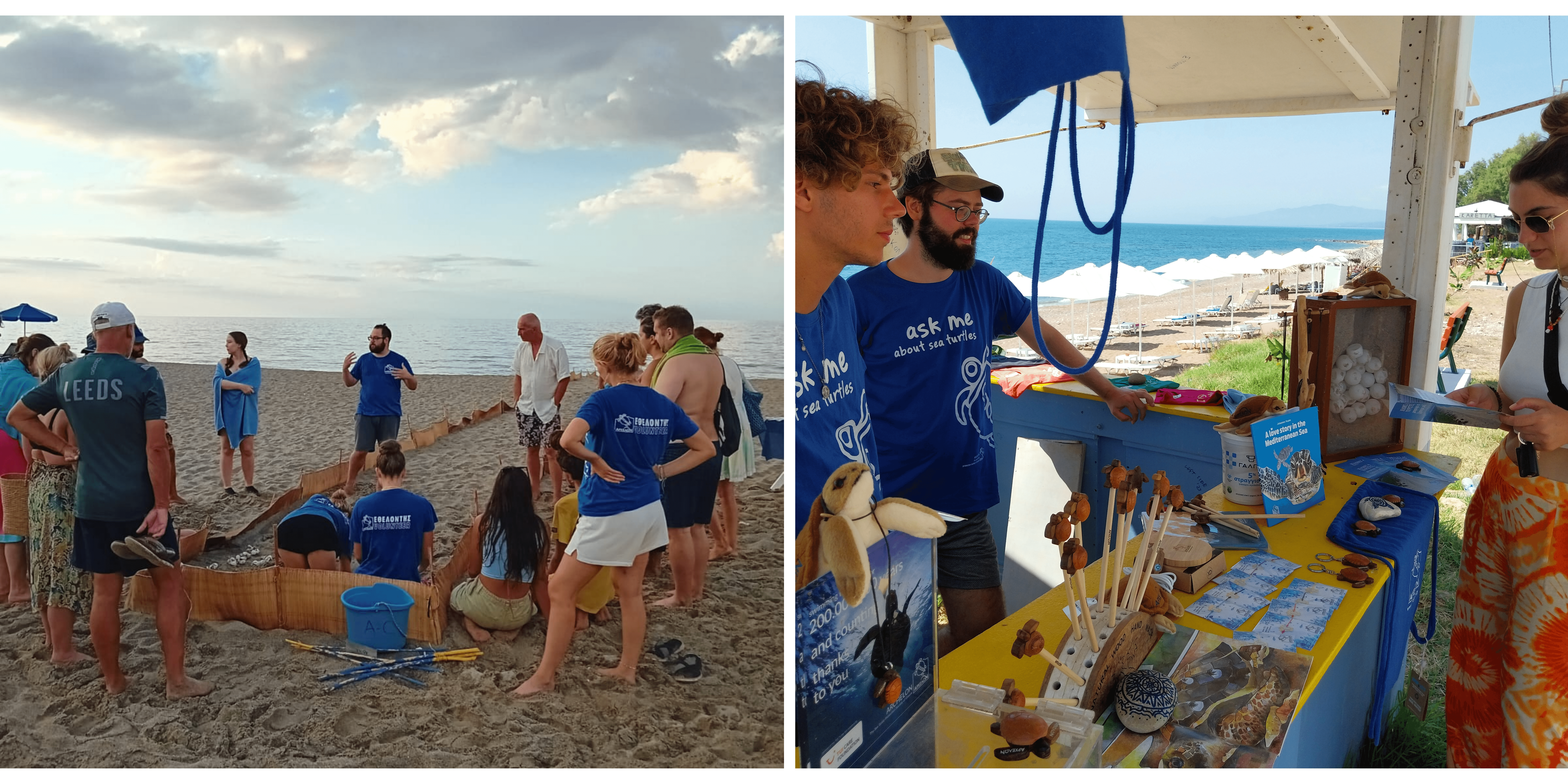 Two photos of ARCHELON volunteers raising awareness about sea turtles